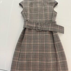 Theory Gray and Cream Plaid Sleeveless Midi Dress with Belt